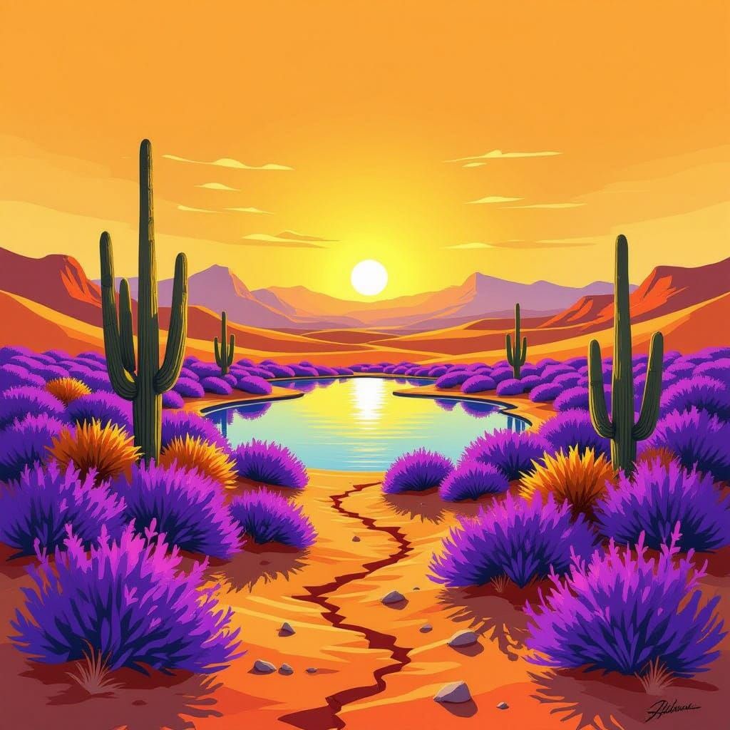 Lush Oasis in a Vibrant Orange Desert