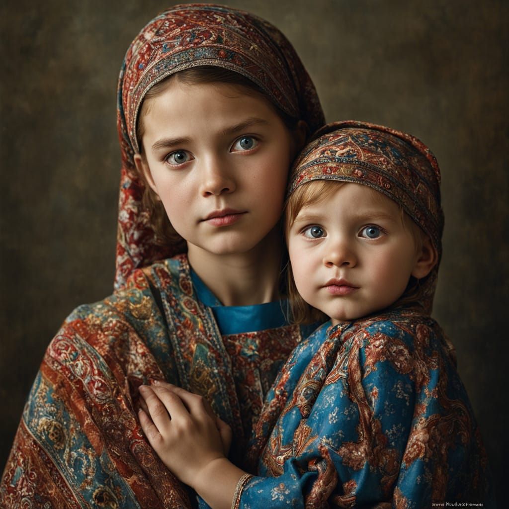 an 18-year-old Ukrainian girl, holding her 2-year-old daughter. They are ready for church