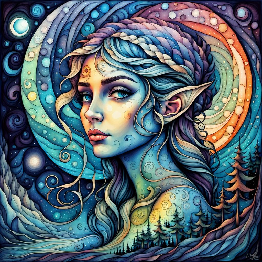 Moonlit Elf Portrait in Alcohol Ink Style