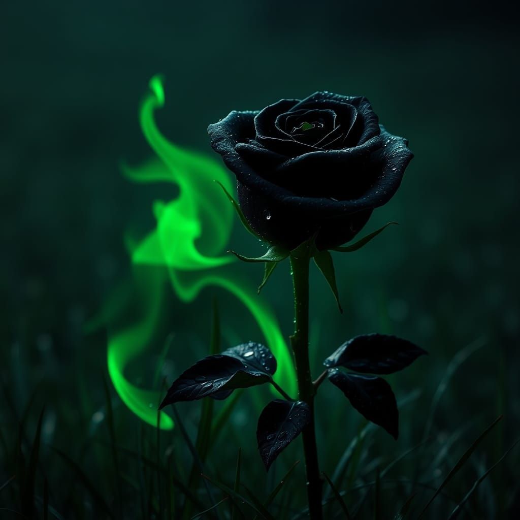 Ethereal Black Rose with Green Flames, Hyper-Realistic