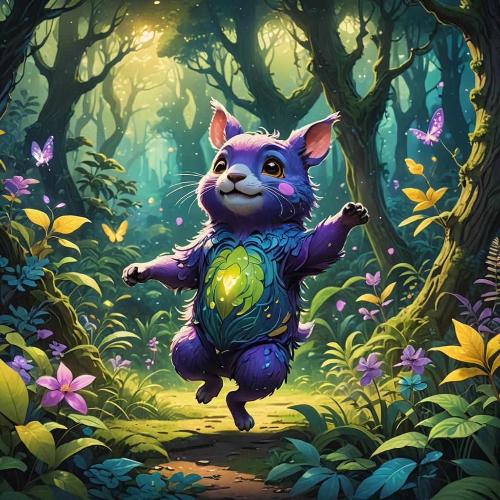 Cute Animal Dances in Lush Forest: Fantasy Art