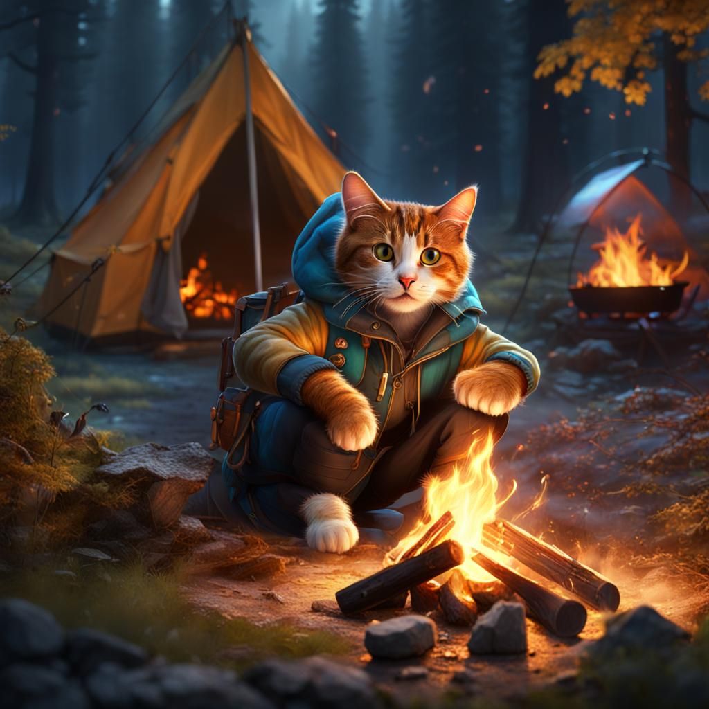 Calico Cat Camping: Detailed Matte Painting