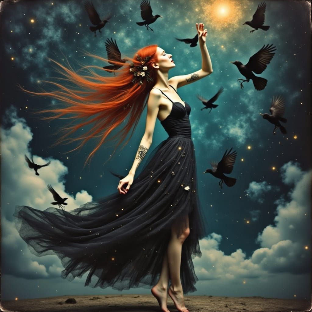 Fae Queen Dancing Under Stars as Expressionist Oil Painting