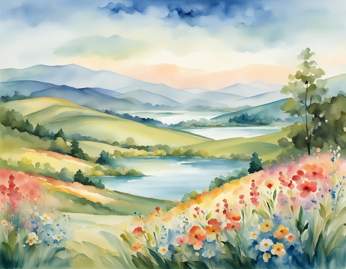 Watercolor Landscape with Rolling Hills and Lake