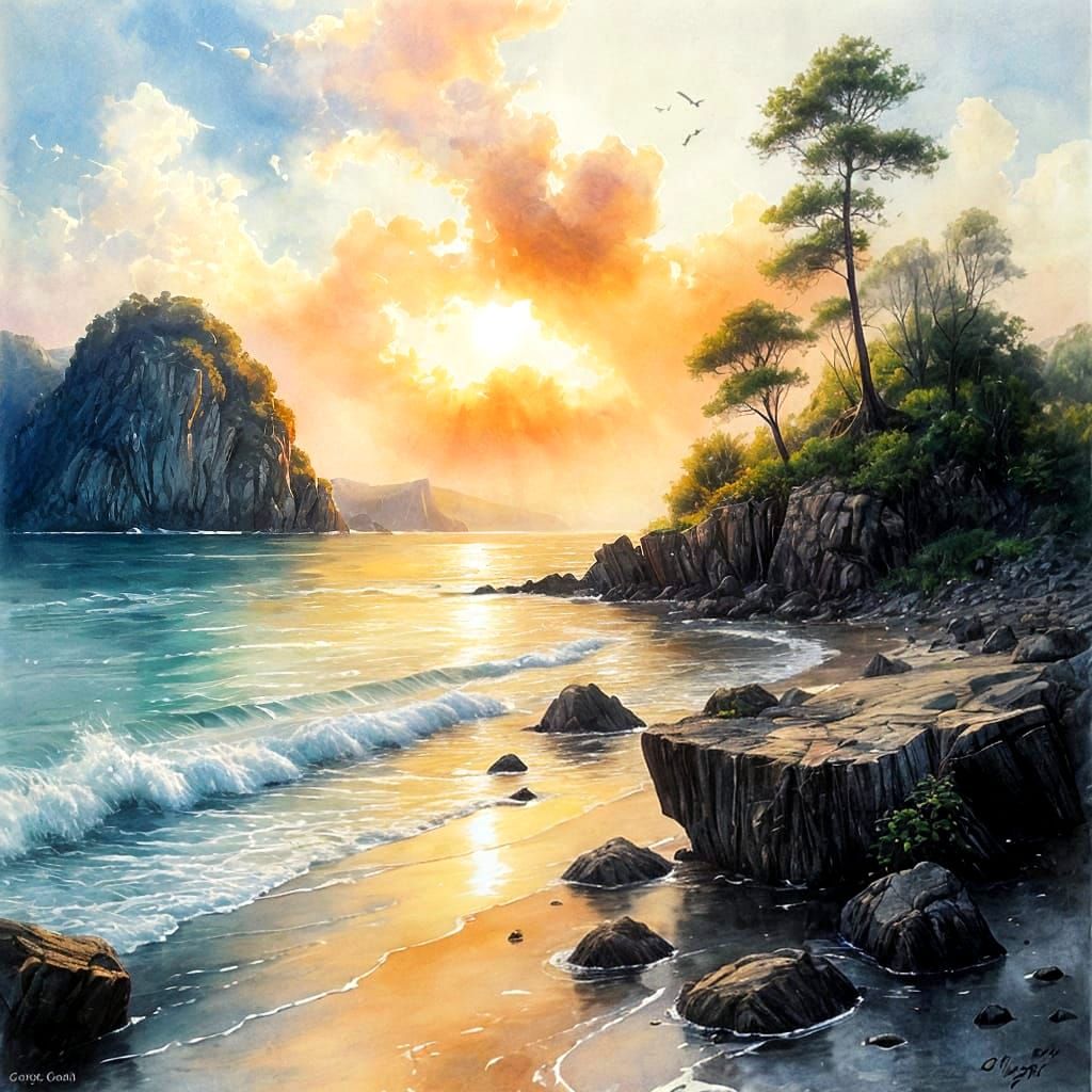 Enchanting Rocky Shore in Watercolor Wash Style