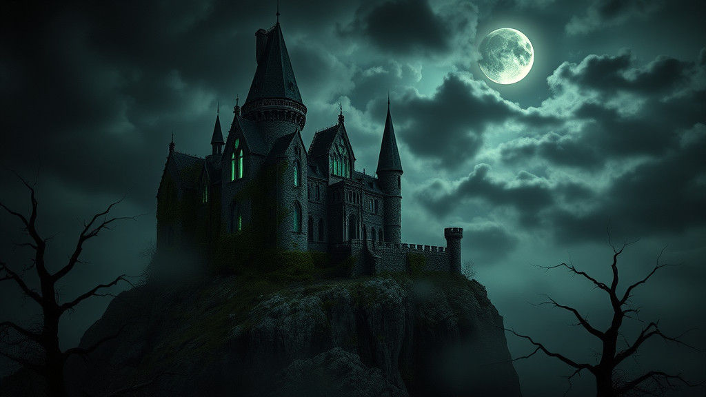 Foreboding Gothic Castle Under Stormy Sky