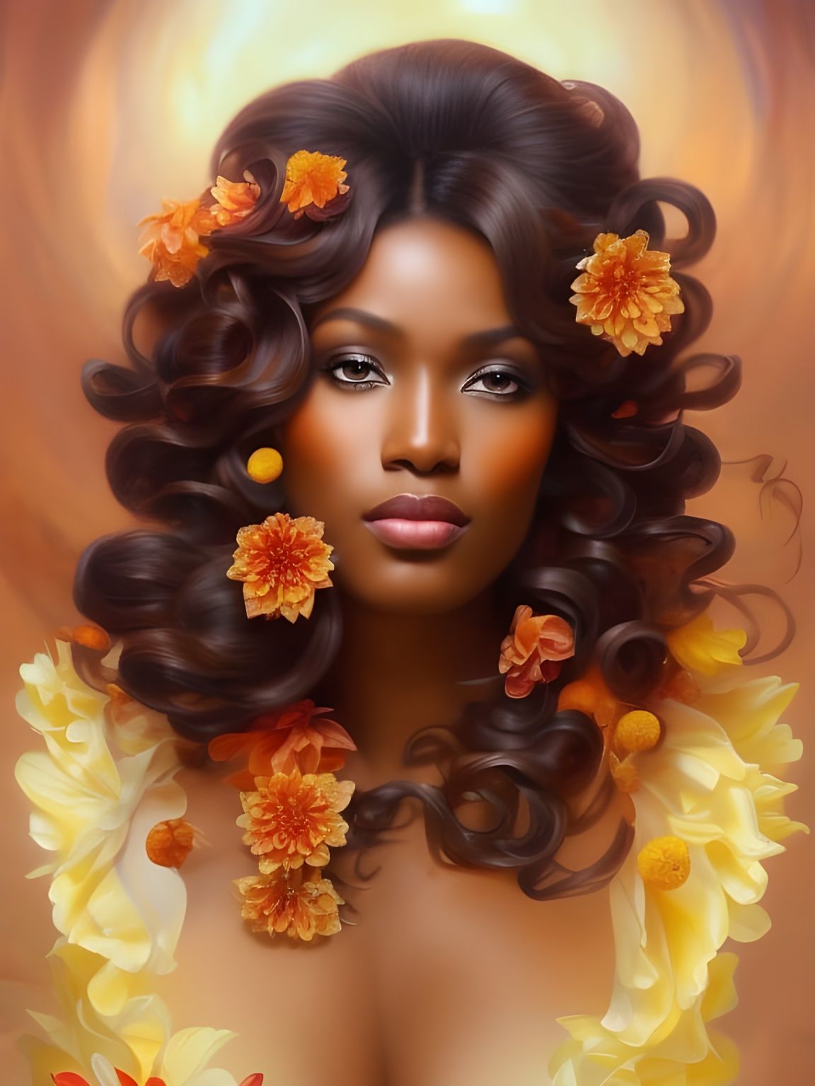 Gorgeous Chocolate Goddess with Dahlias in Art Nouveau Style