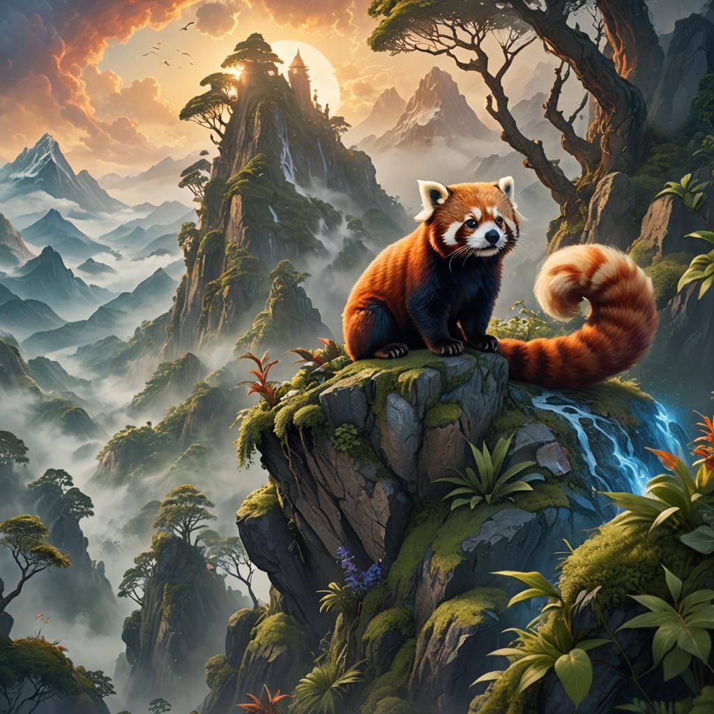 Rabbit-Headed Red Panda on Misty Peak in Digital Art