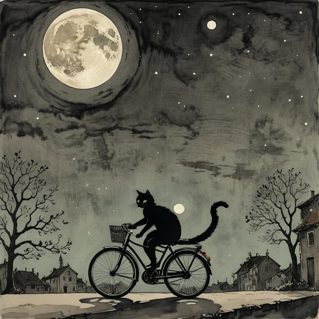 Black Cat Rides Bike Under Moon in Gouache Ink