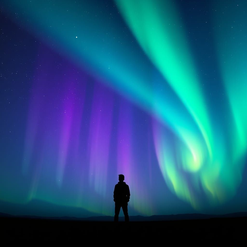 Silhouette Under Vibrant Aurora Borealis