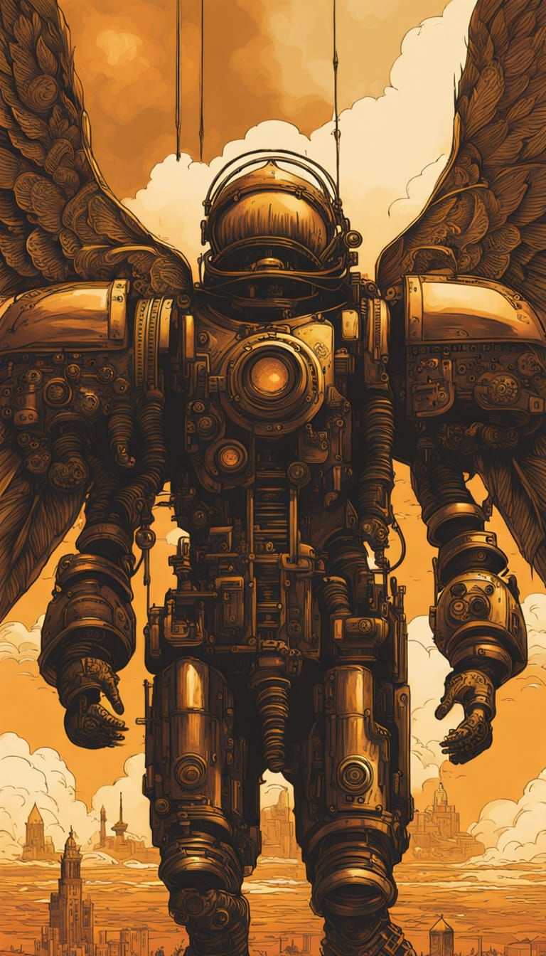 Icarus in Steampunk Exosuit Flies to the Sun