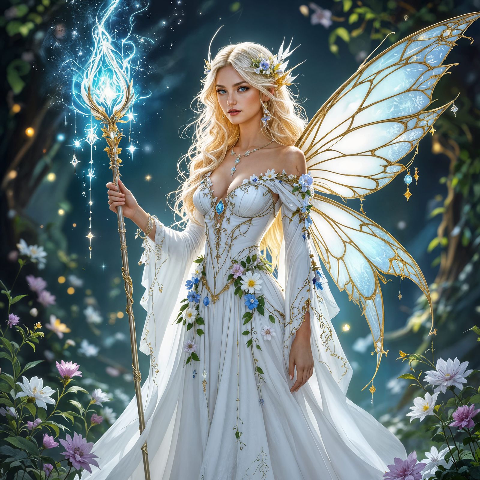 Blonde Fairy with Glowing Scepter and Floral Jewelry