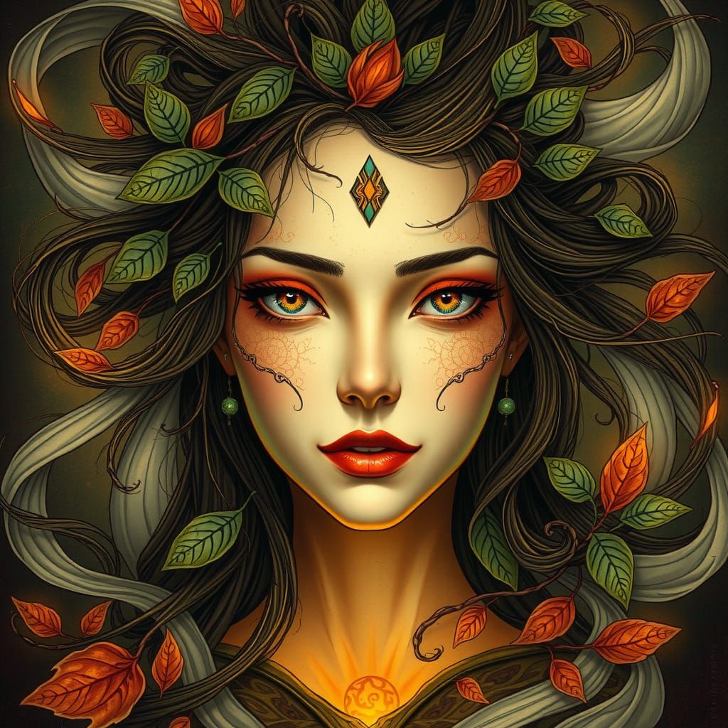 Mystical Woman Surrounded by Elemental Forces in Earthy Tone...