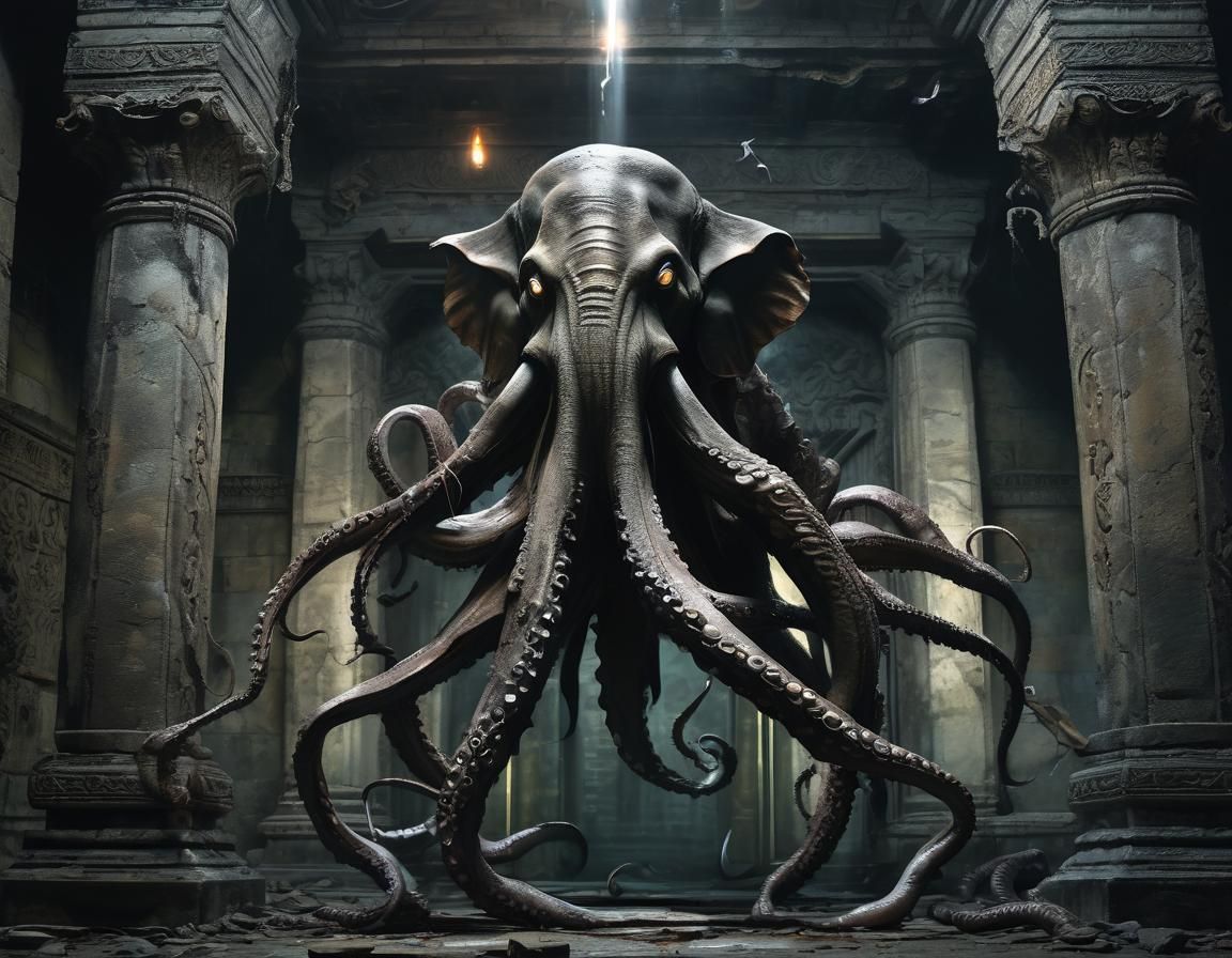 Surreal Octopus Elephant Hybrid in Abandoned Temple