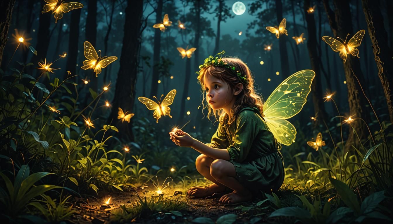 Forest Fairy and Fireflies at Night
