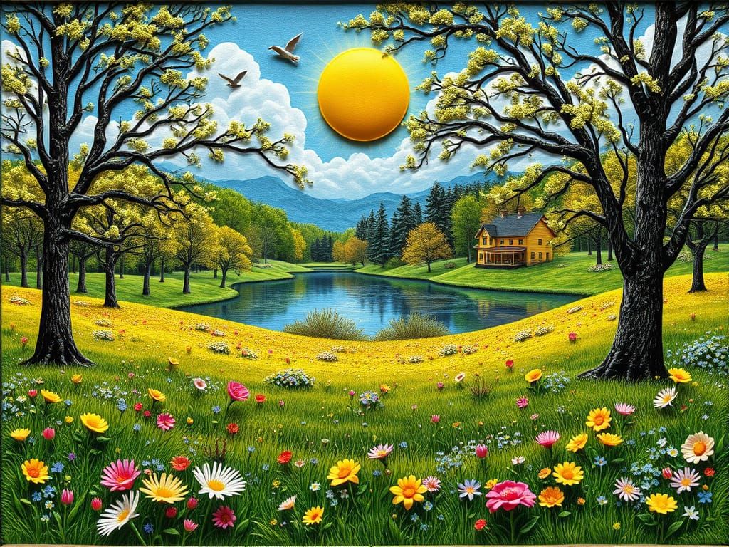 Surreal Spring Paradise in Vibrant Relief Art
