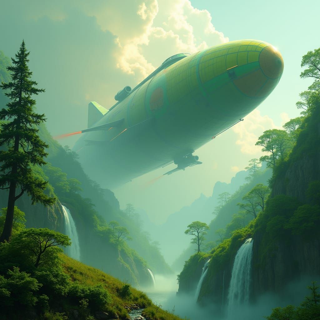 Lush Green Exoplanet Welcomes Spaceship in Art Nouveau Style