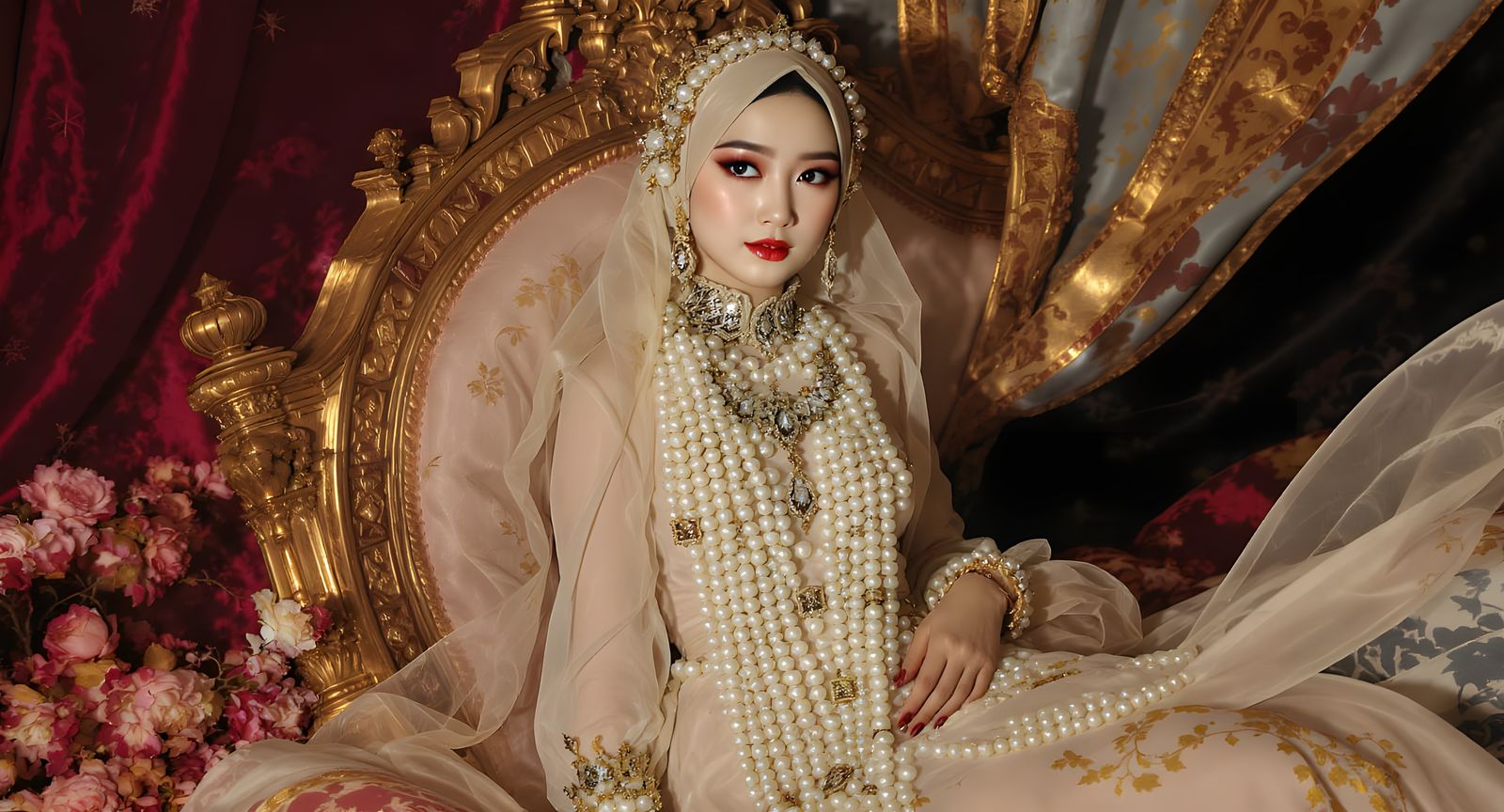 Elegant Woman with Pearl Chain in Art Nouveau Style