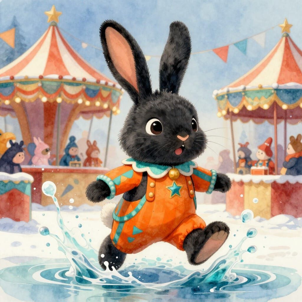 Cute Bunny in Winter Carnival Watercolor Art