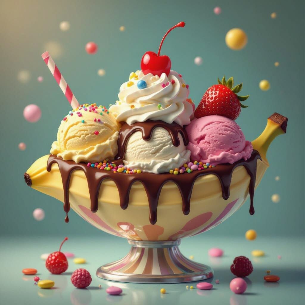 Whimsical Candy Art Banana Split with Ice Cream