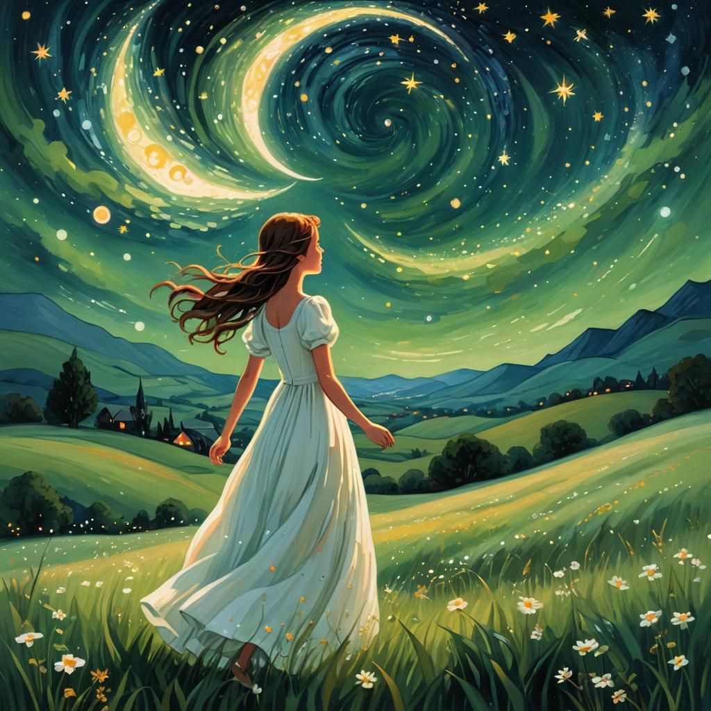 Girl Gazing at Starry Night in Van Gogh Style