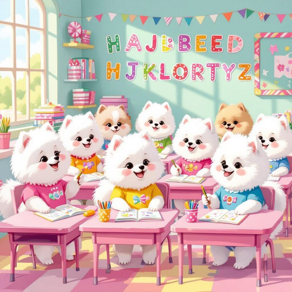 Pomeranians Learning Alphabet in Candy Land School