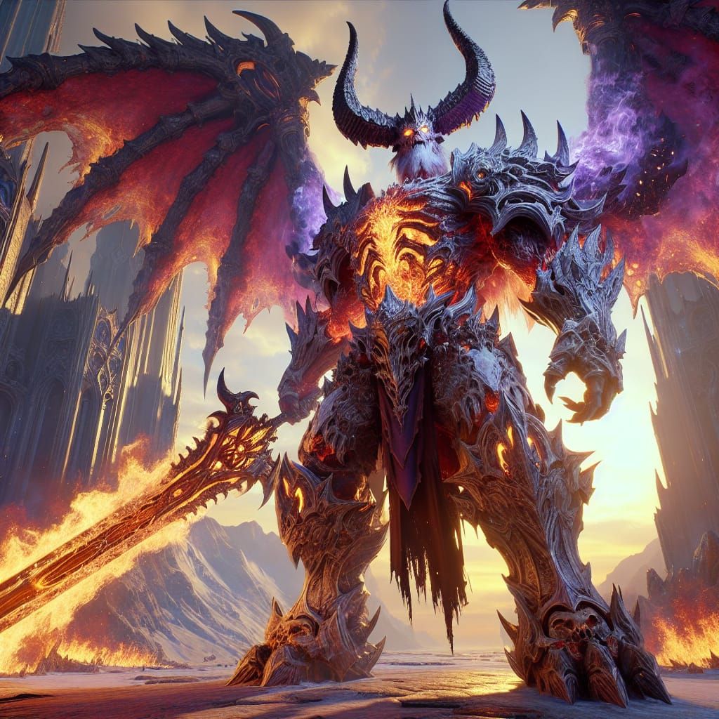 Colossal Demon in Iced Armor with Flaming Sword