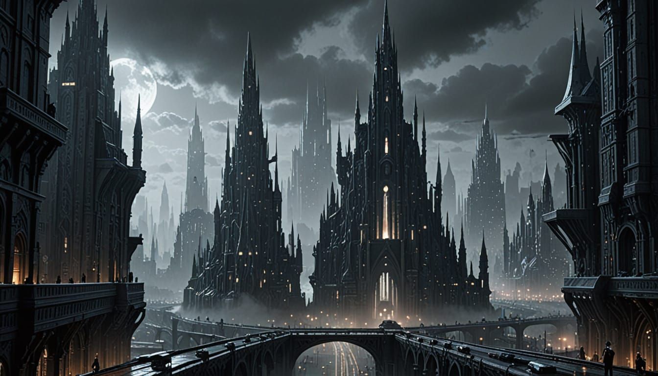 Monochromatic Sci-Fi Metropolis with Gothic and Futuristic A...