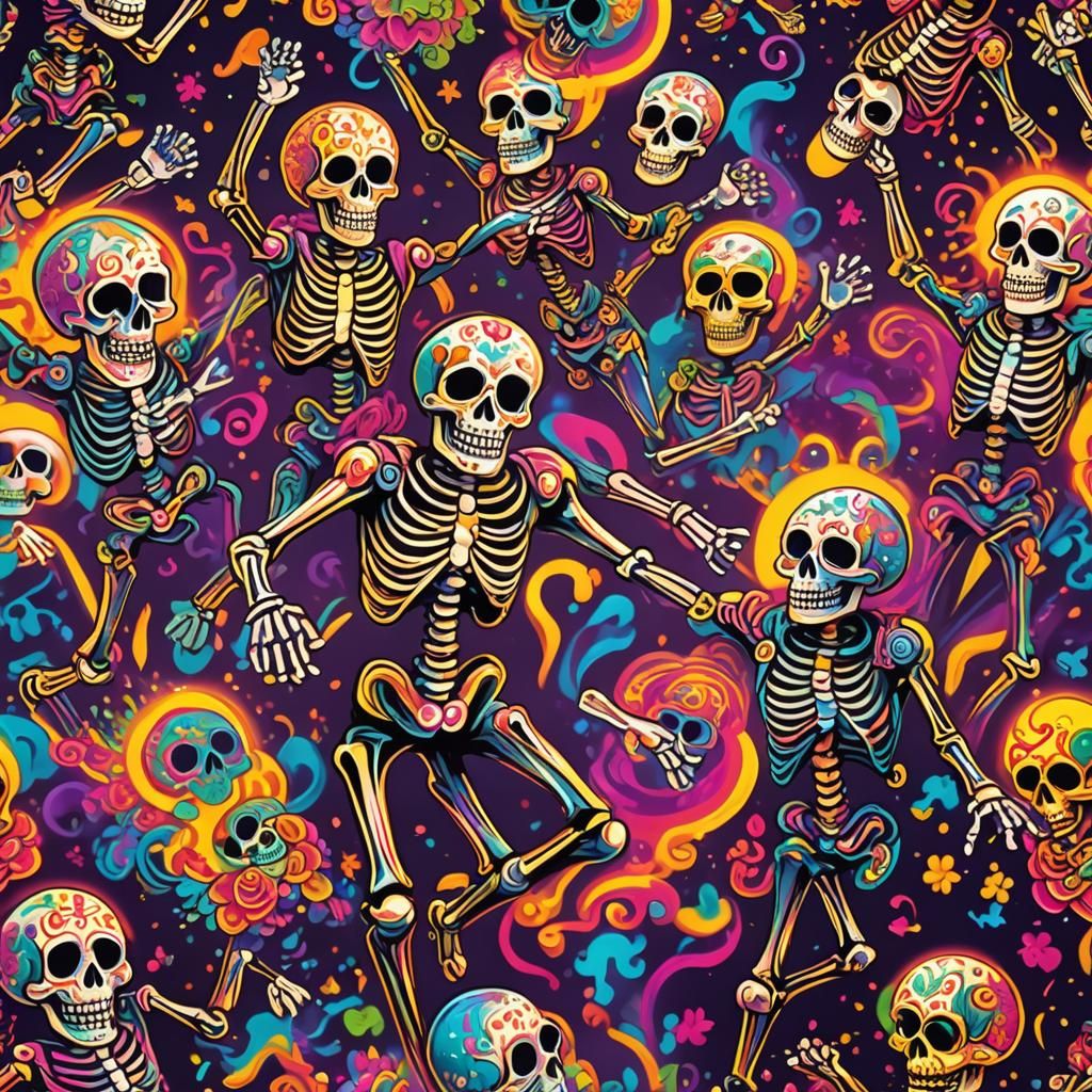 Day of the Dead Skeletons in Lisa Frank Style