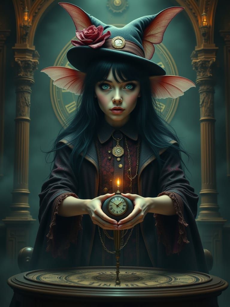 Gothic Pixie with Ouija Board in Clockpunk Style