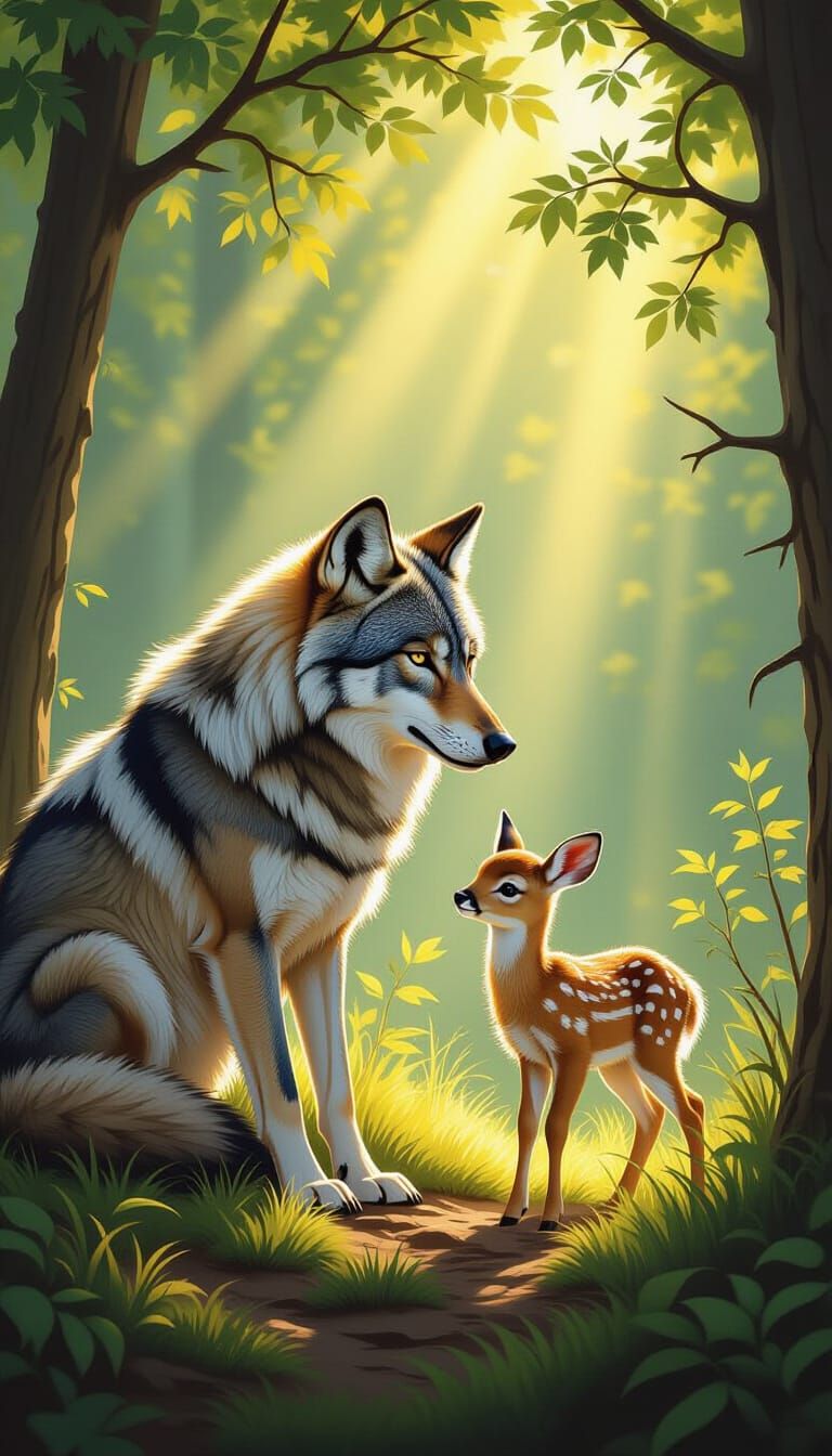 Wolf Protecting Fawn in Peaceful Forest