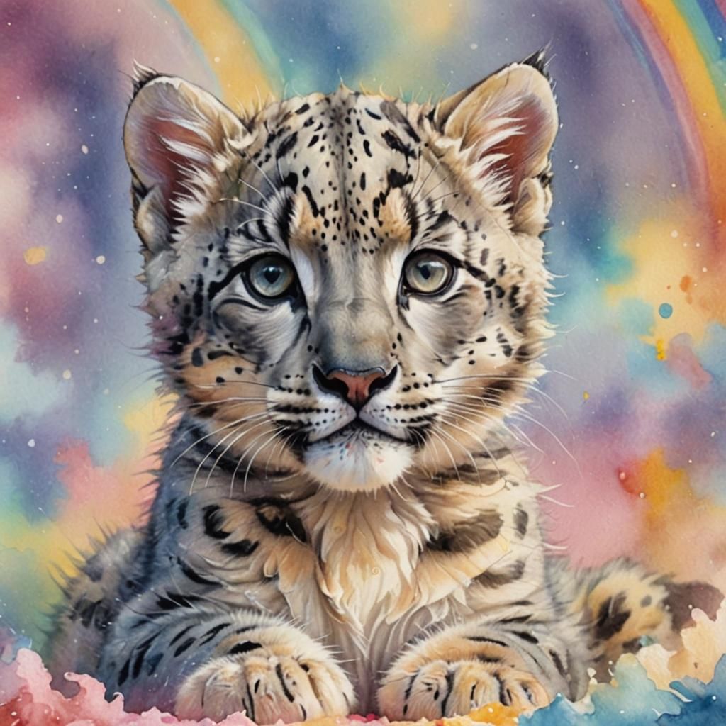 Snow Leopard Kitten in Rainbow: Watercolor Illustration