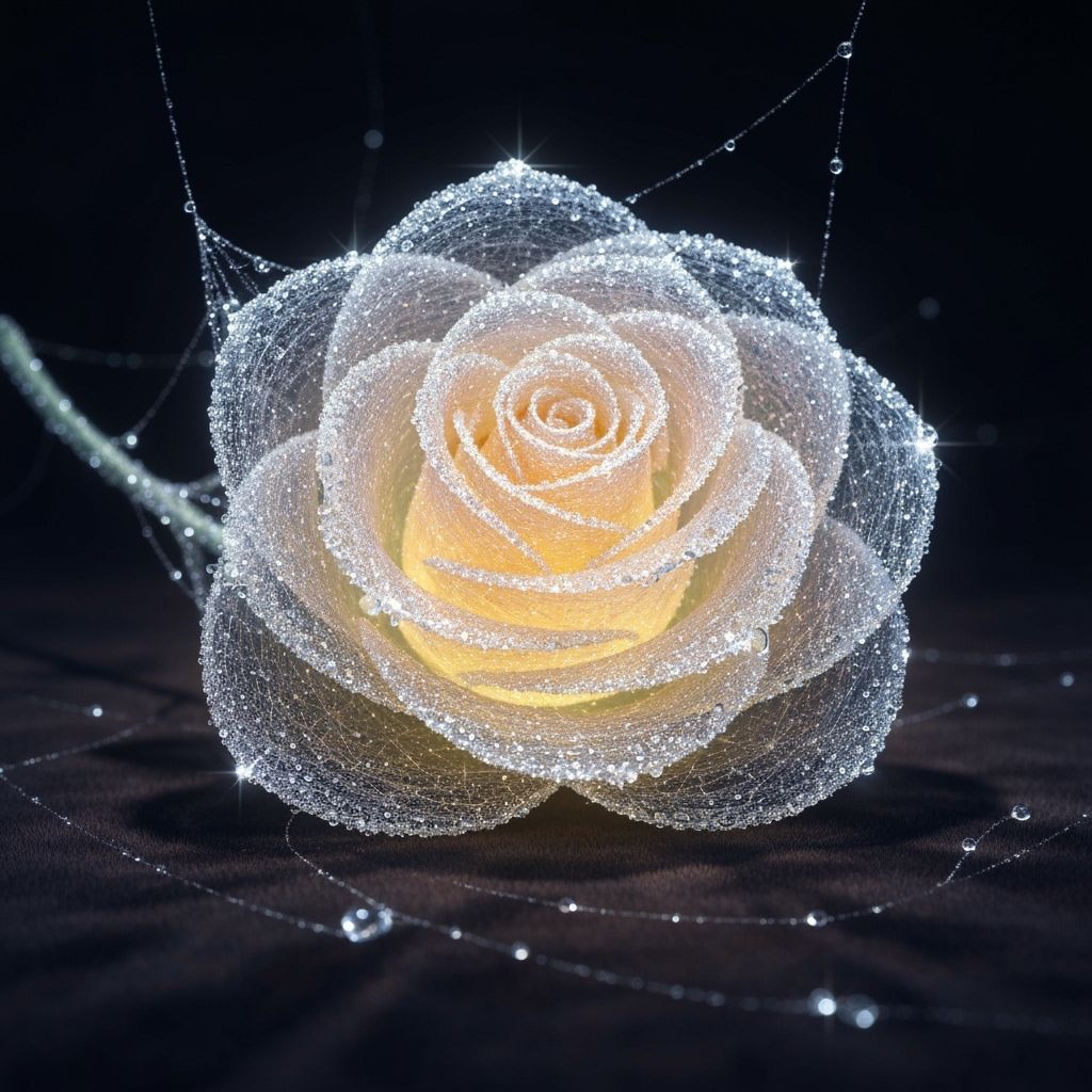 Glowing Spider Silk Rose with Dewdrops, Hyperrealistic Art