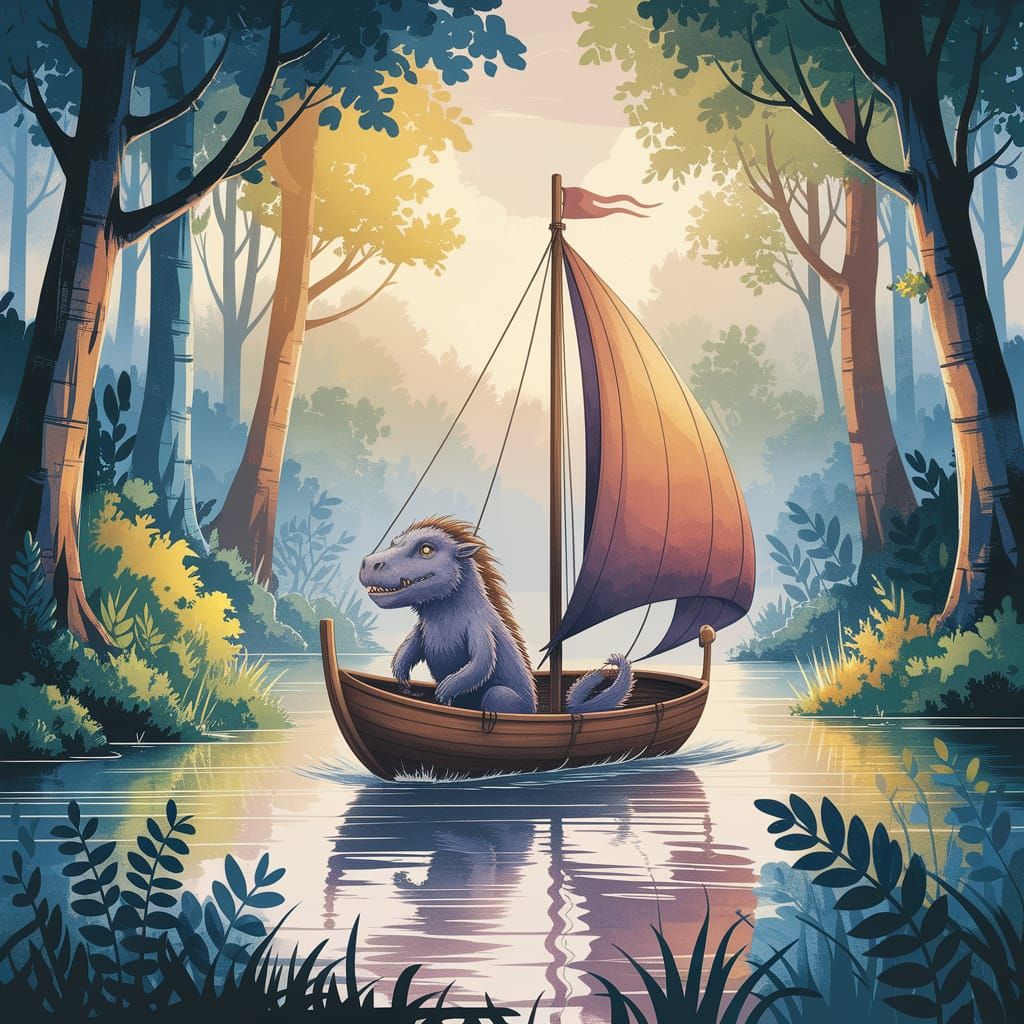 Prehistoric Creature Sails Boat: Dreamy Watercolor Forest