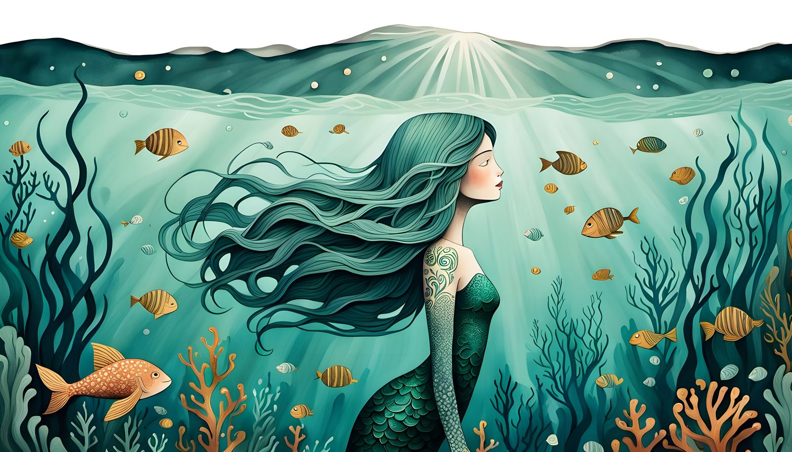 Little Mermaid Pulled by Ray: Hand-Drawn Illustration