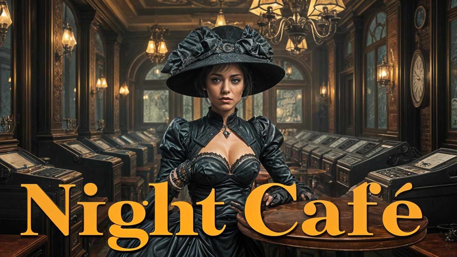 Victorian Woman in Cafe with Gothic Typography