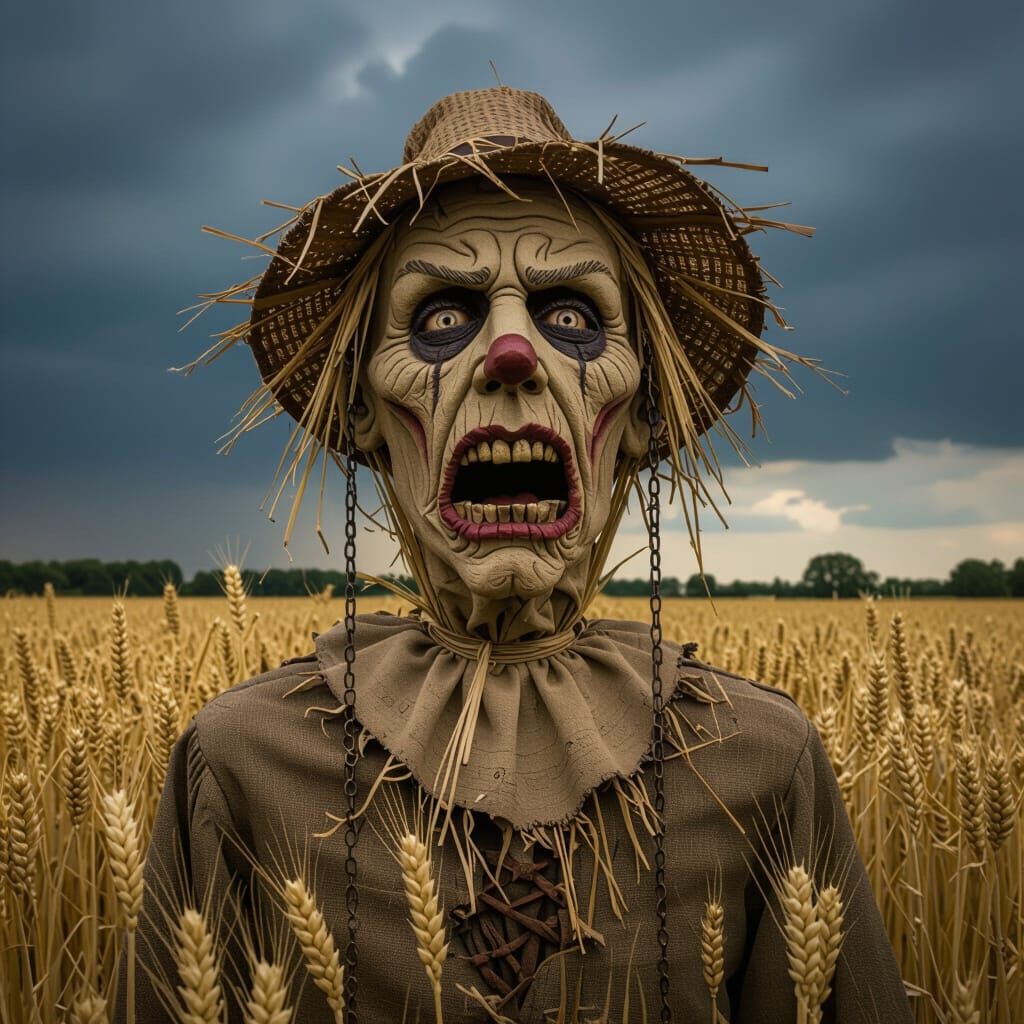 Realistic Scarecrow Screaming in Golden Wheat Field