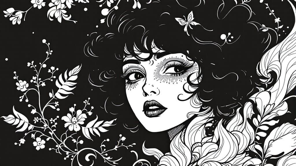 Art Nouveau Ink Illustration: Bold Contrast and Delicate Lin...