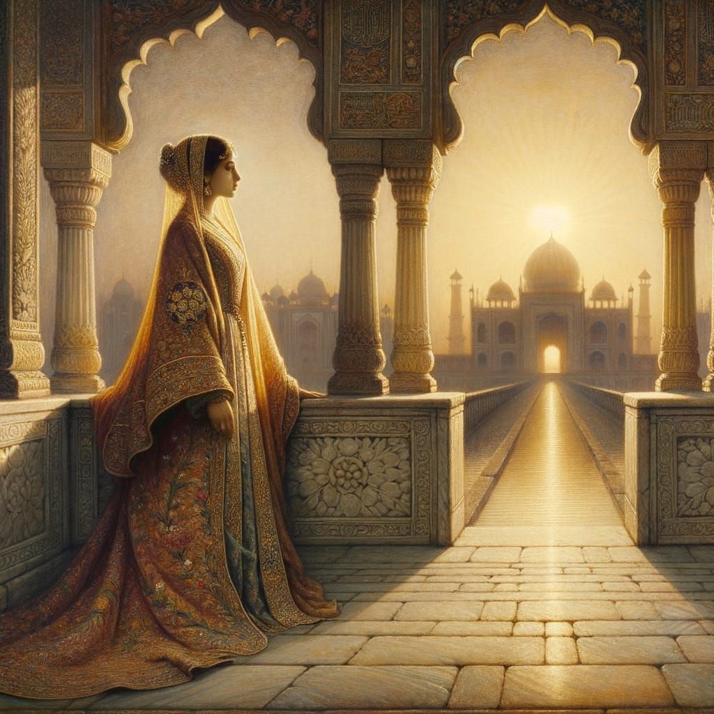 Elegant Noblewoman on Marble Balcony in Renaissance Style