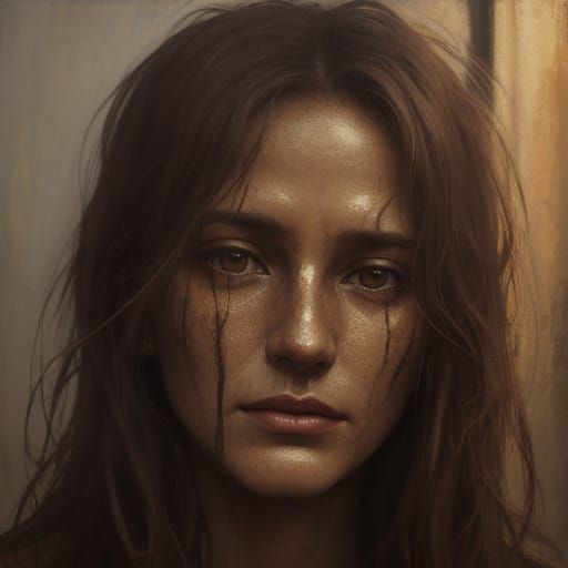 Melancholic Face in Surreal Oil Painting