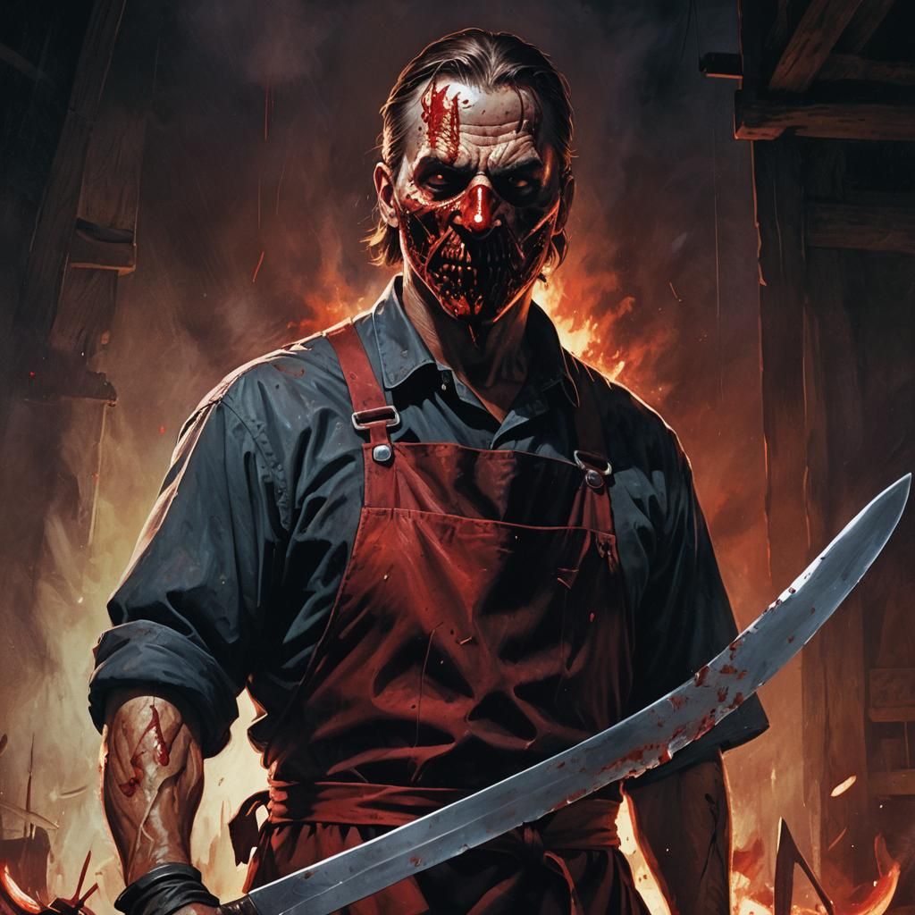 Ominous Killer with Machete in Dark Fantasy Style