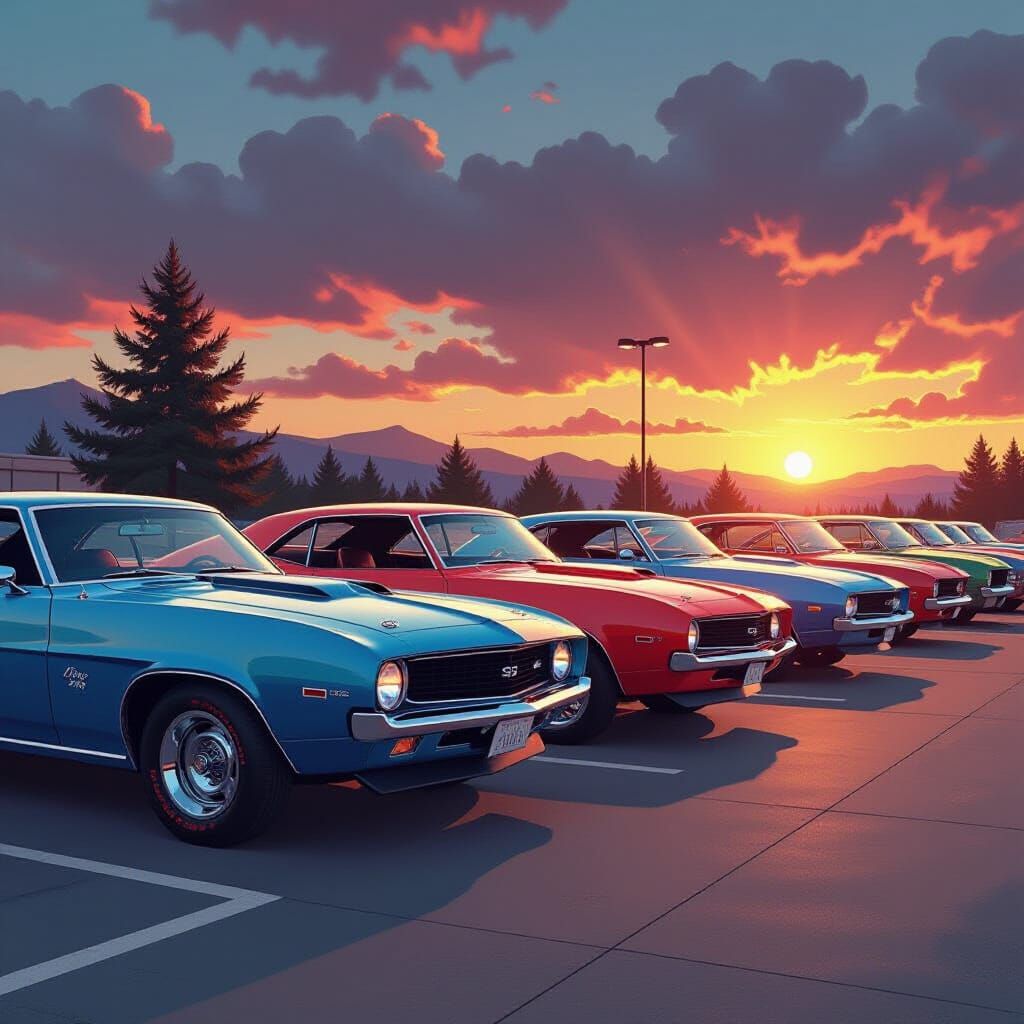 Colorful Vintage Muscle Cars at Show Under Dramatic Sunset