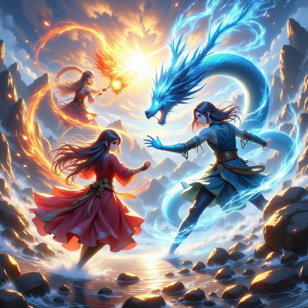 Anime Elemental Battle: Fire Mage vs Water Serpent