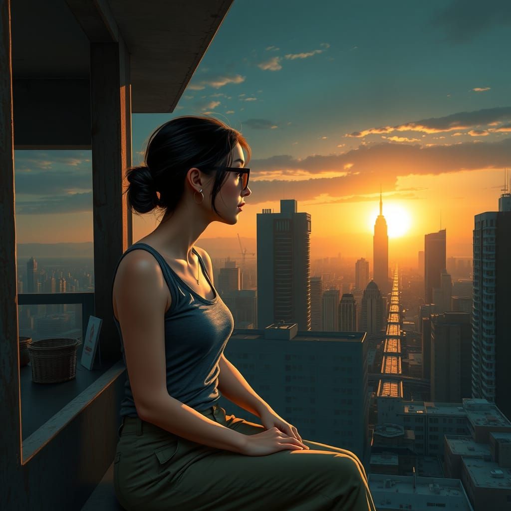 Girl Lost in Thought on Weathered Balcony at Sunset