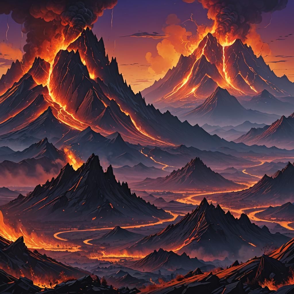 Fantasy Mountain Range Meets Burning Sky