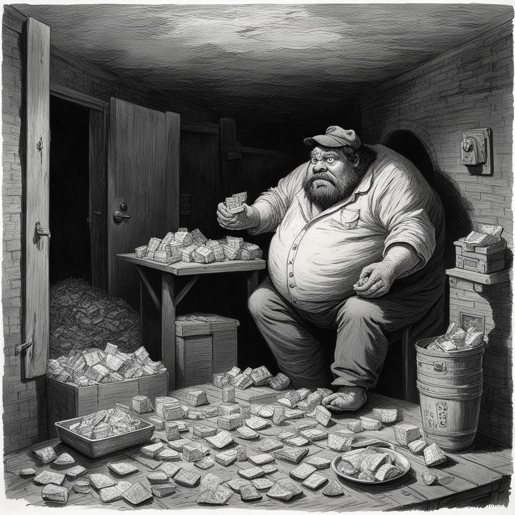 Hyperrealistic Greasy Man Munching Snacks in Basement