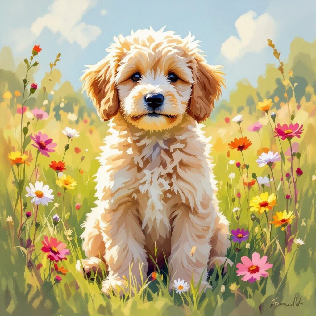 Golden Doodle Puppy in Sunny Meadow, Painterly Style