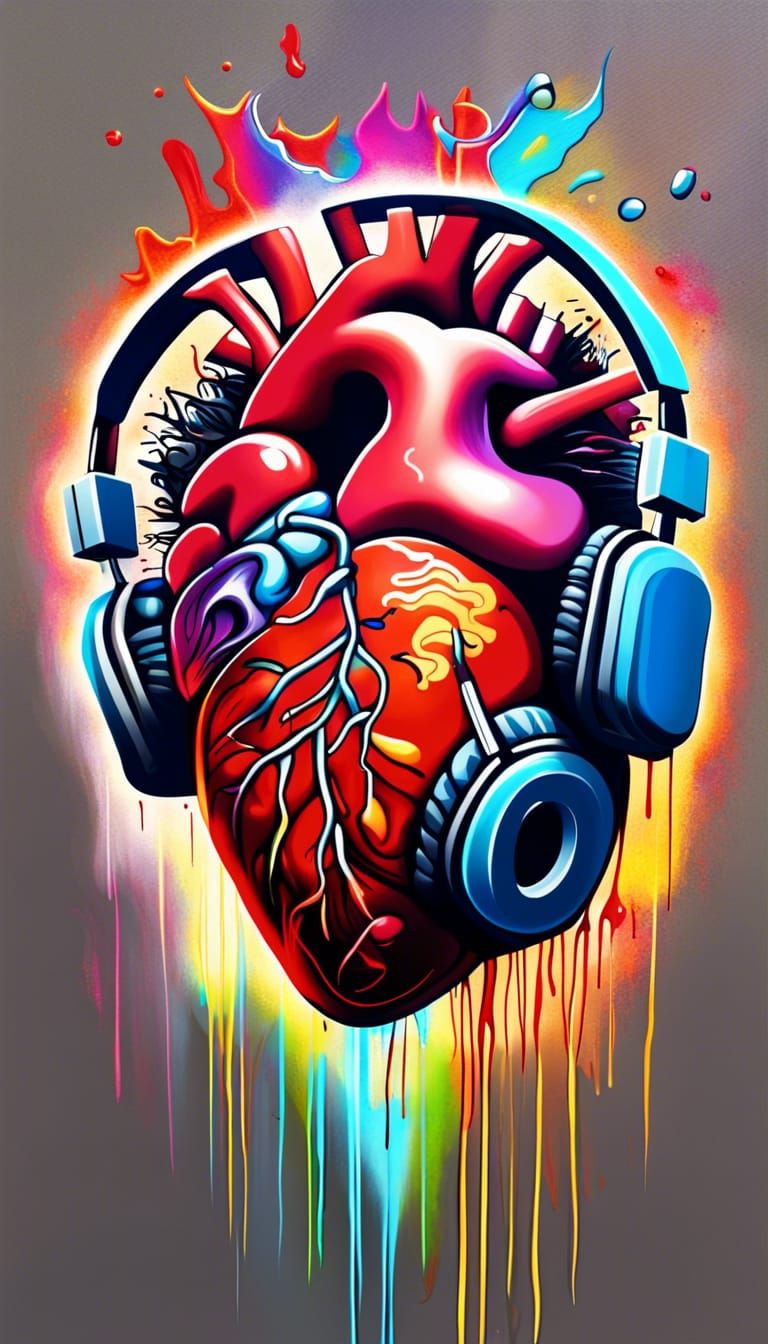 Heart in Brain with Headphones Graffiti Art