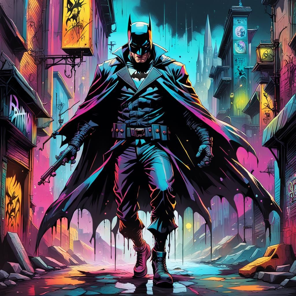 Batman in Neon Gothic City: Graffiti Street Art