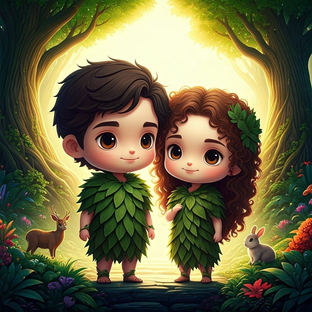 Chibi Adam and Eve in Lush Garden, Digital Art